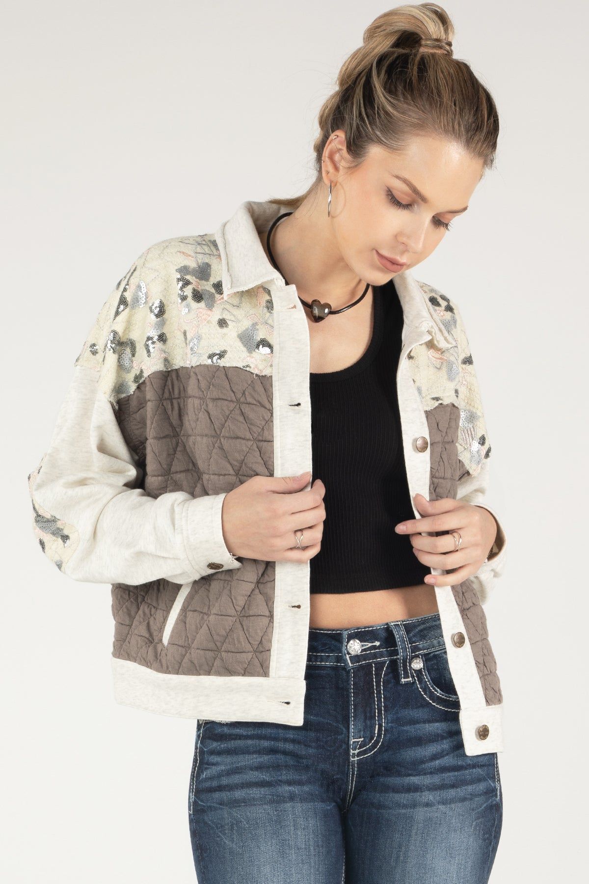 Sequin Quilted Button Up Jacket sold by Miss Me