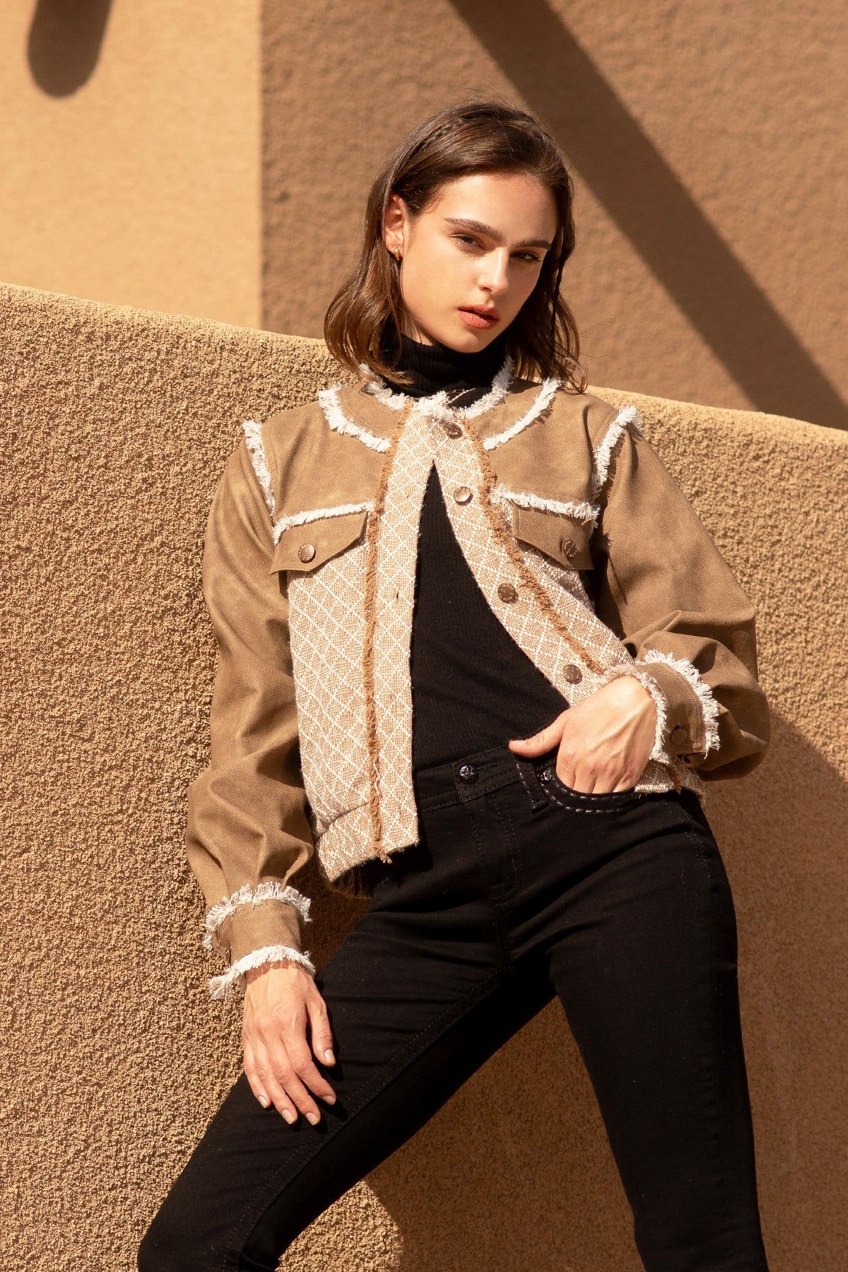 Faux Leather and Tweed Jacket sold by Miss Me