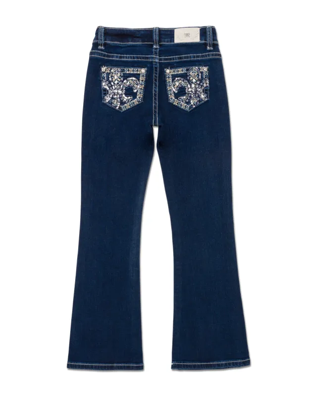Girls Metallic Turquoise Fleur De Lis Bootcut Jeans sold by Miss Me