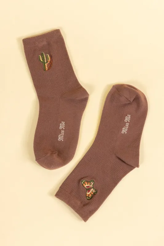 Brown Cactus Butterfly Crew Socks sold by Miss Me