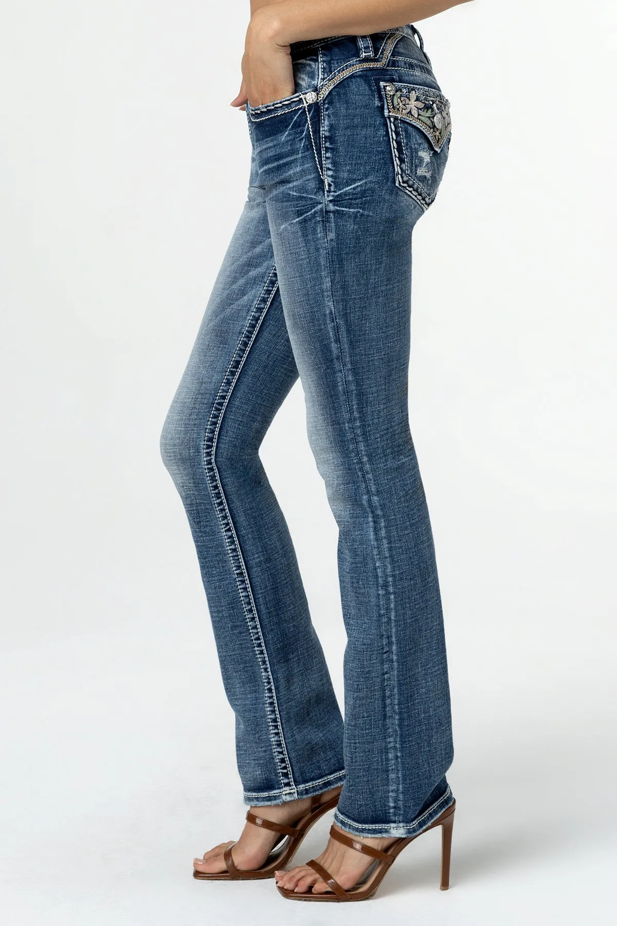 Pastel Floral Distress Bootcut Jeans sold by Miss Me product image thumbnail 4