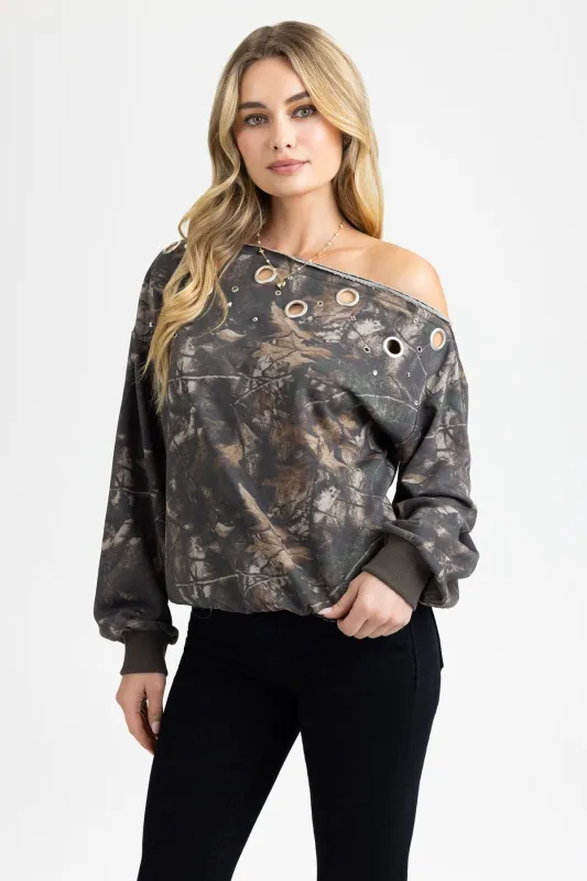 Charlene Camo One-Shoulder Top sold by Miss Me