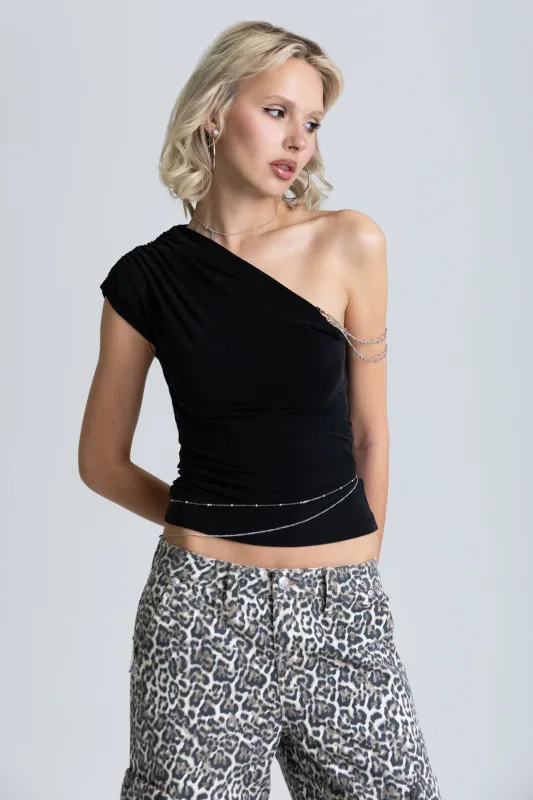 Fatale One Shoulder Chain Top made by Miss Me