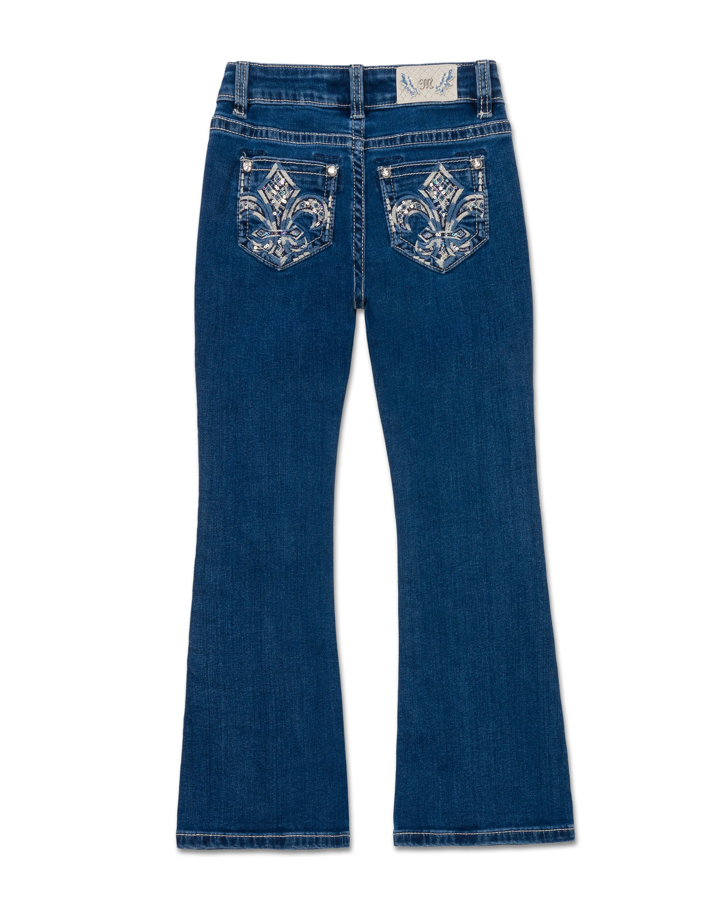 Girls Barely There Fleur De Lis Bootcut Jeans sold by Miss Me