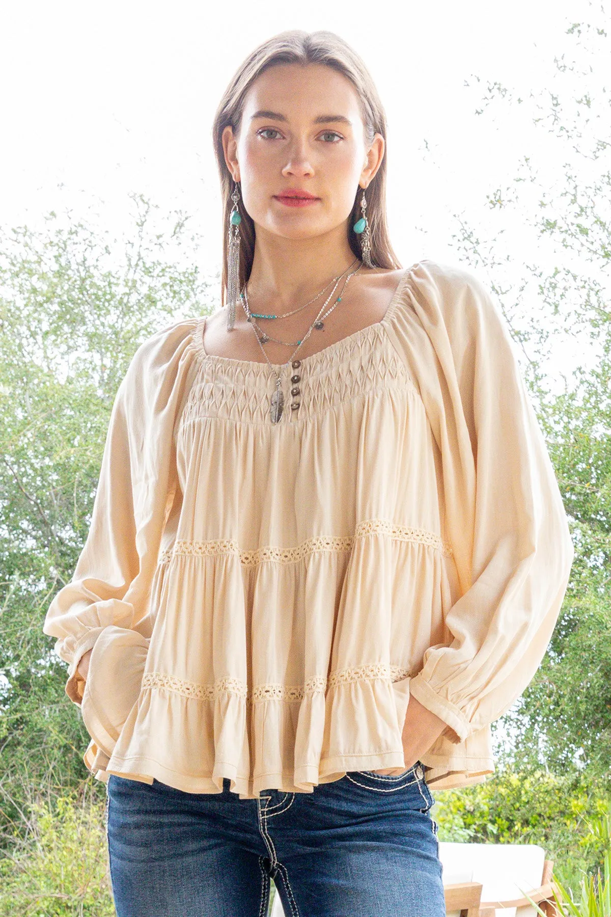 Smocked L/S Blouse sold by Miss Me