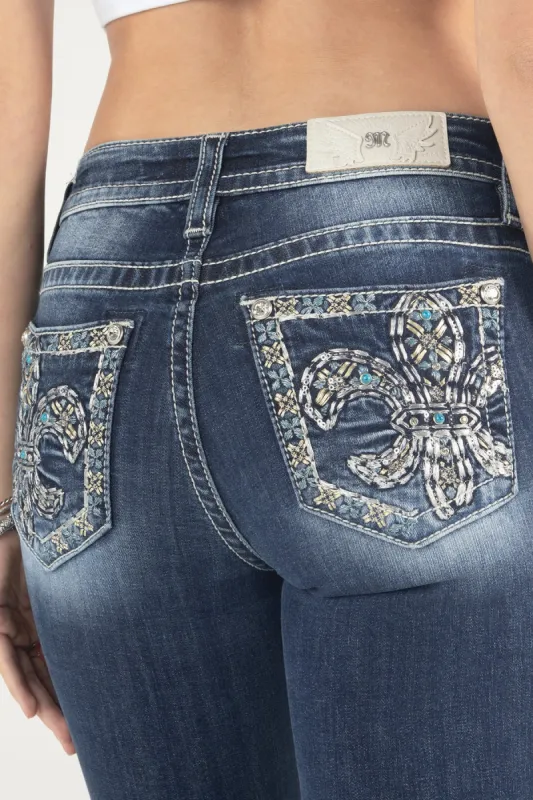 Metallic Turquoise Fleur De Lis Bootcut Jeans sold by Miss Me