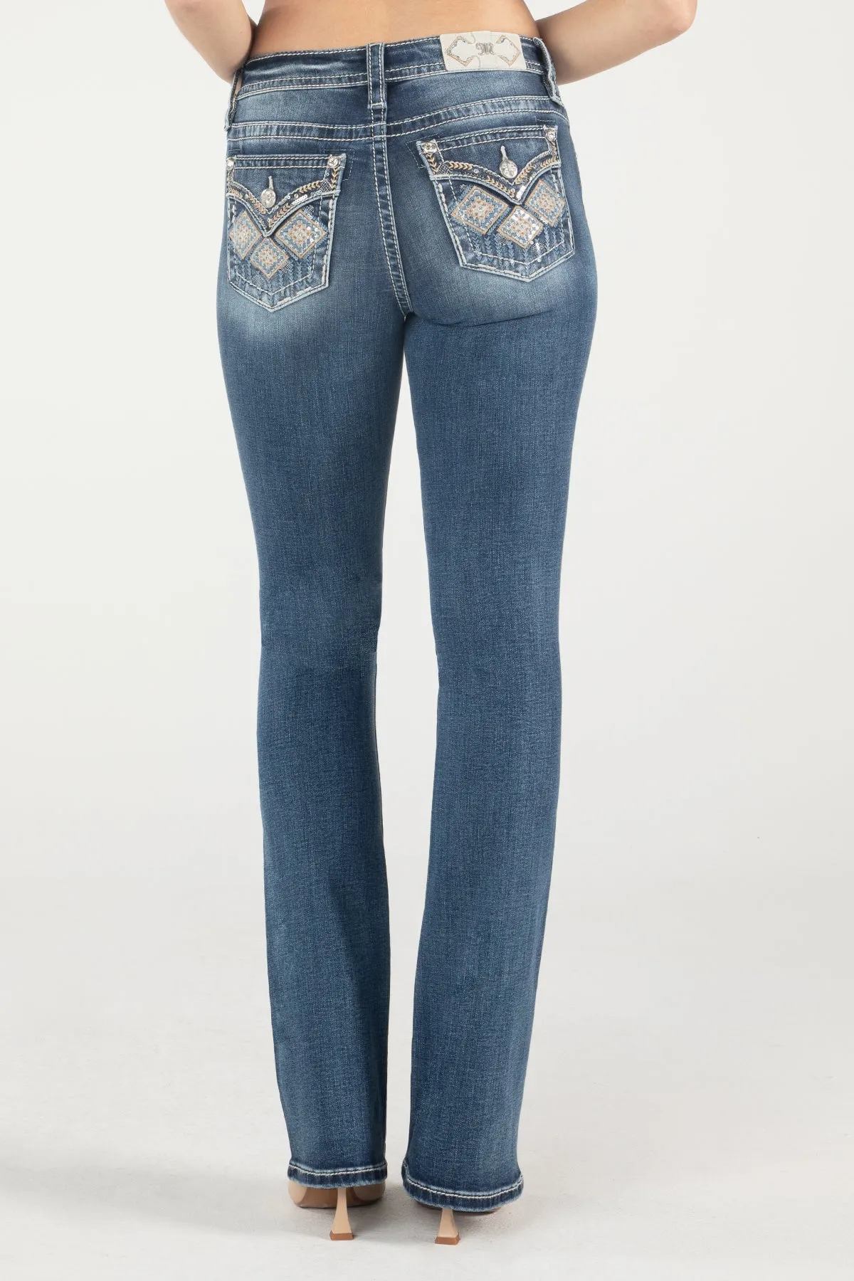 Blue and Tan Geometric Floral Bootcut Jeans sold by Miss Me