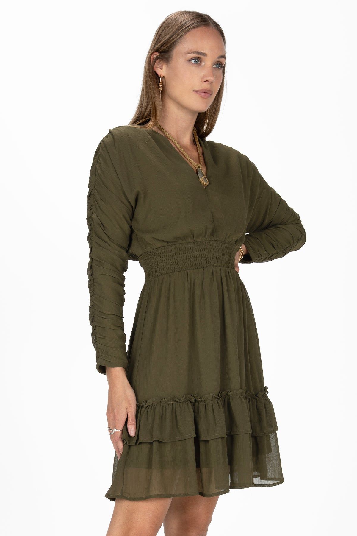 Moss Green Ruched Mini Dress sold by Miss Me