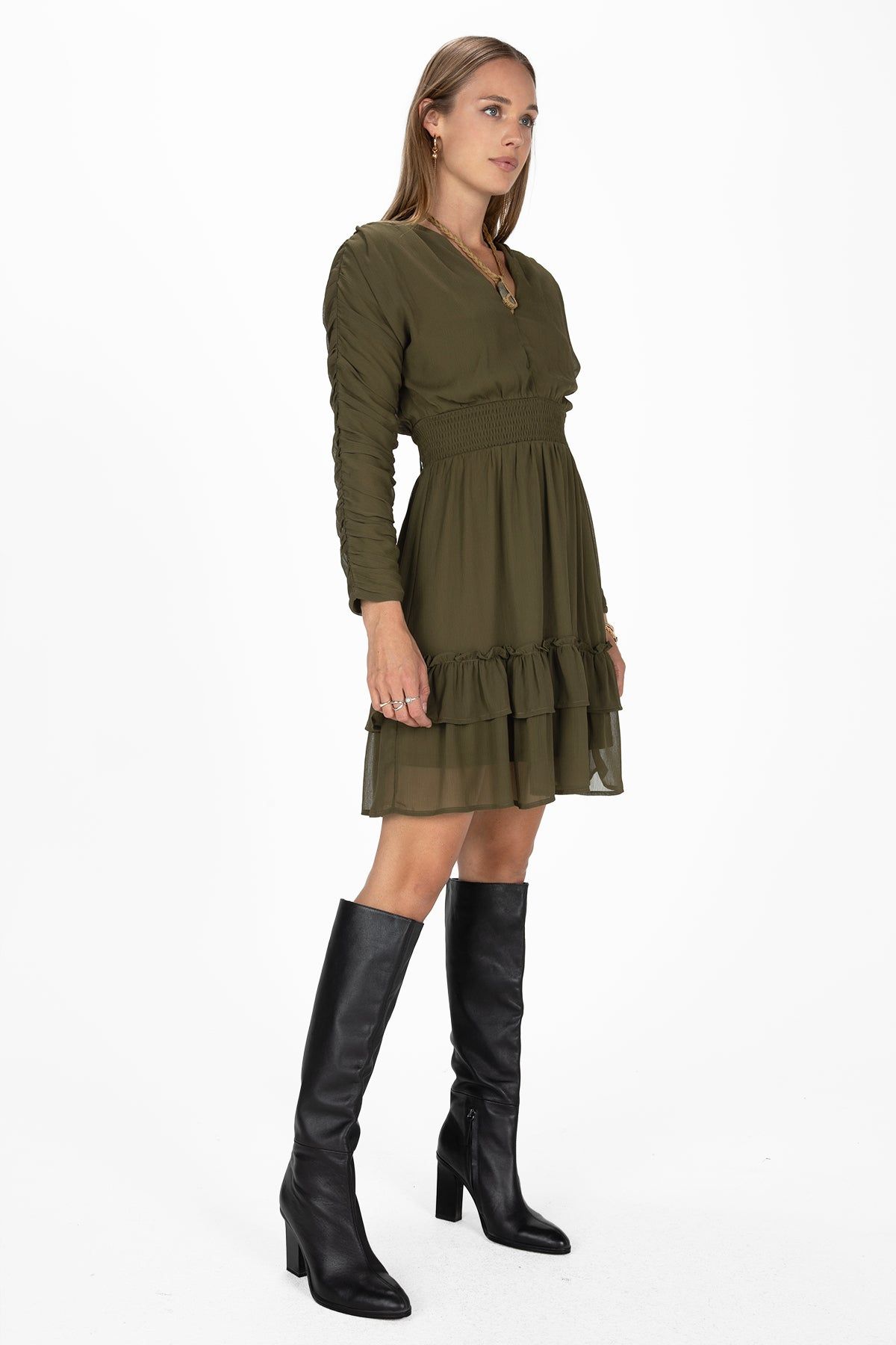 Moss Green Ruched Mini Dress sold by Miss Me product image thumbnail 3