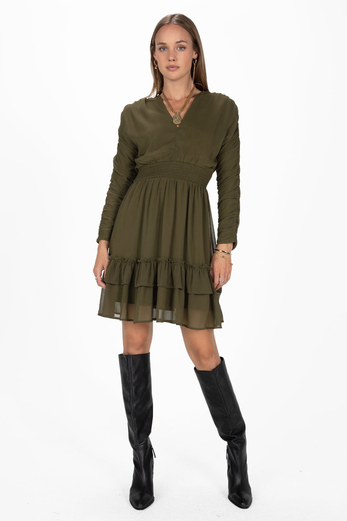 Moss Green Ruched Mini Dress sold by Miss Me product image thumbnail 2