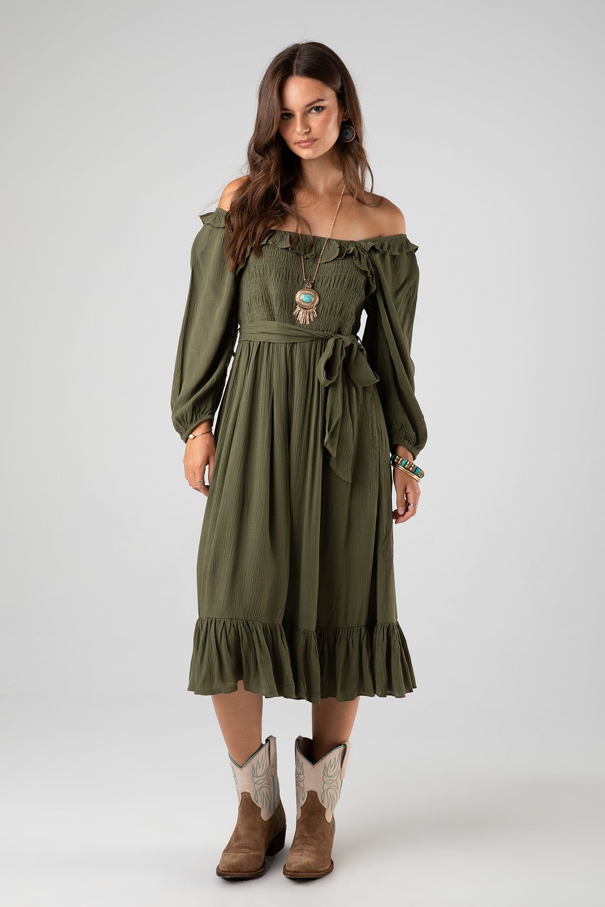 Smocked Olive Midi Dress sold by Miss Me
