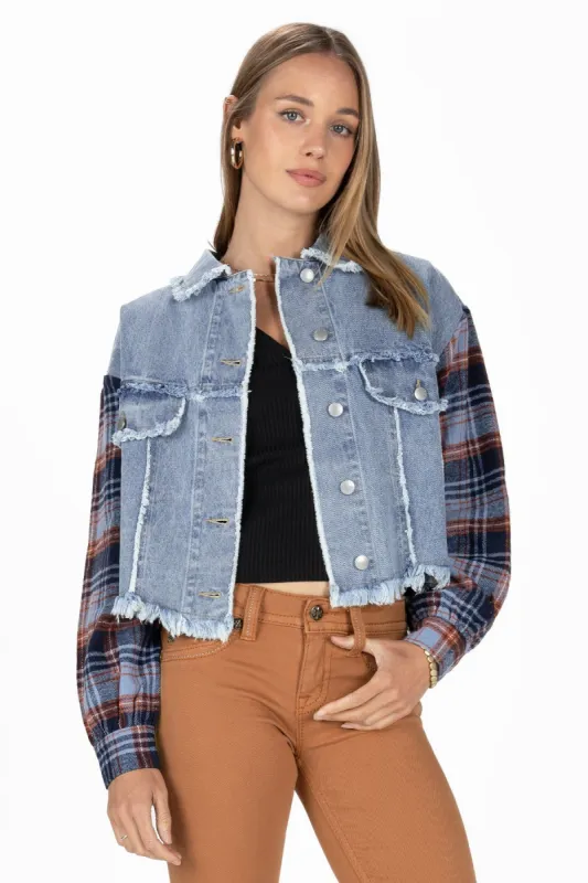 Dark Plaid Crochet Denim Jacket sold by Miss Me