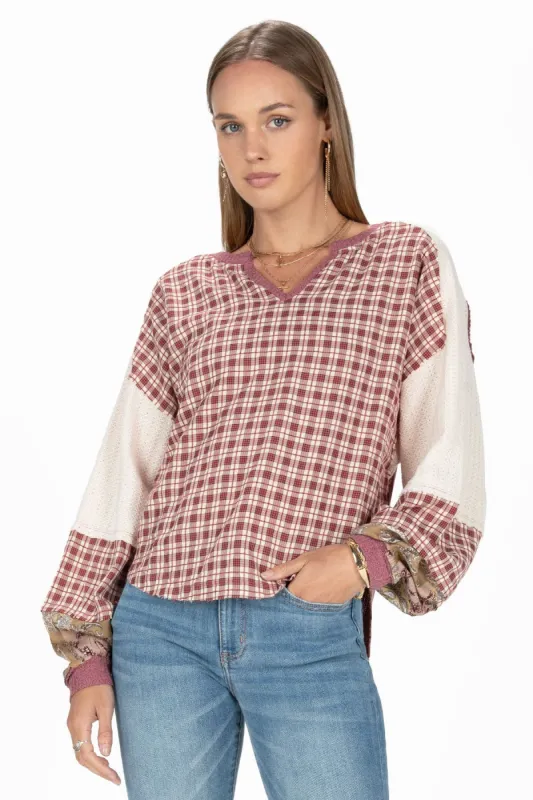 Plaid and Paisley Waffle Knit Top sold by Miss Me