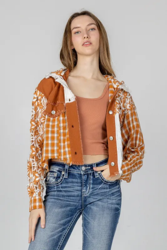 Floral Crochet Plaid Hoodie Jacket sold by Miss Me