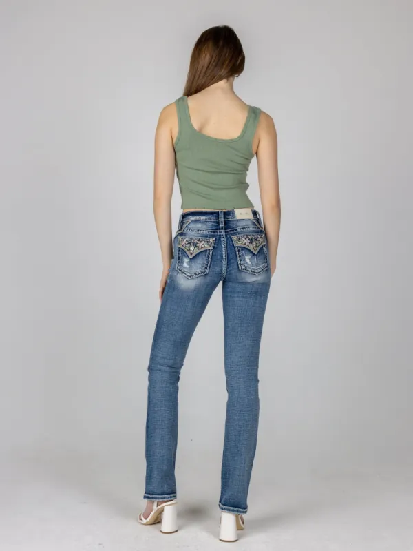 Pastel Embroidered Floral Distress Bootcut sold by Miss Me