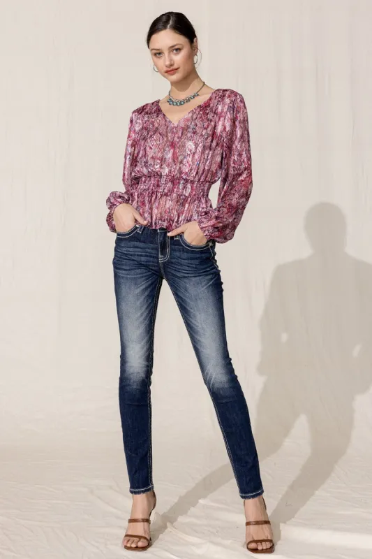Fuschia Ruffled Print Top made by Miss Me