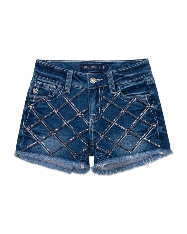 Girls Criss Cross Sequin Shorts sold by Miss Me