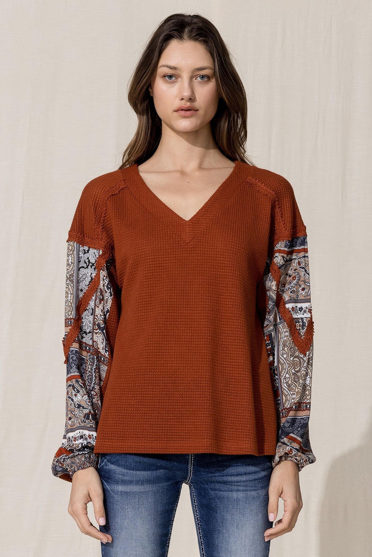 Paisley Sleeve Knit Top sold by Miss Me