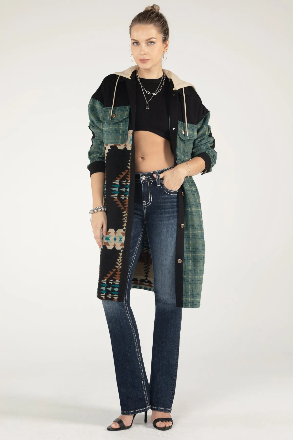 Long Plaid and Aztec Printed Jacket sold by Miss Me