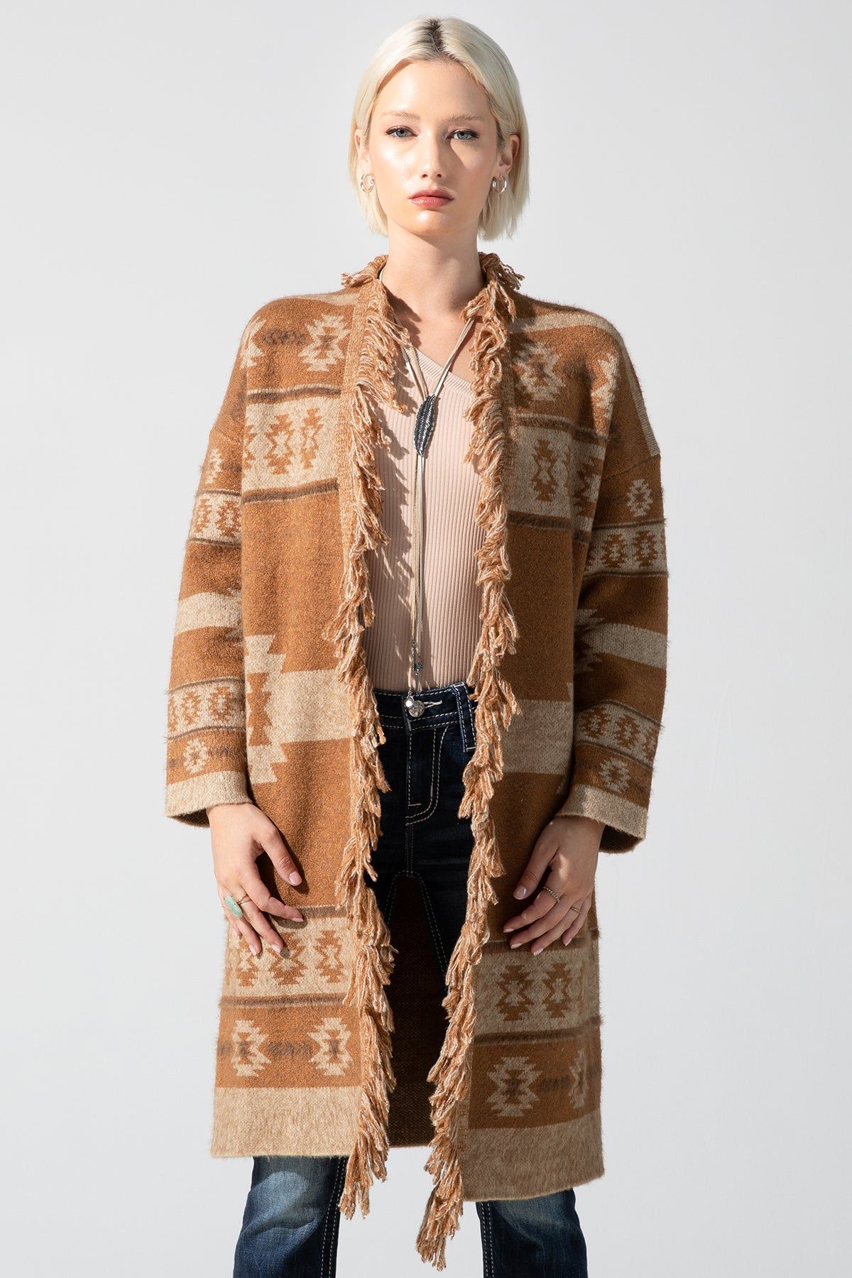 Camel Aztec Cardigan sold by Miss Me