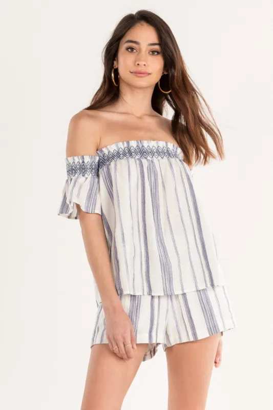 Along These Lines Stripe Off The Shoulder Top sold by Miss Me