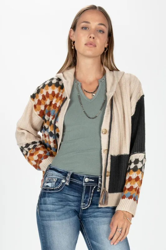 Mixed Knit Button-Up Hoodie sold by Miss Me