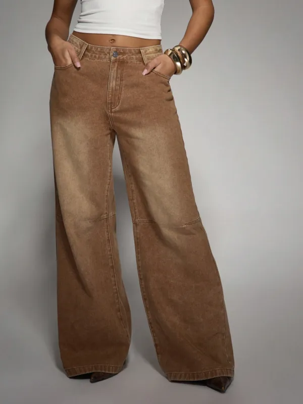 Chocolate Wash Baggy Wide Leg Knee Darts Denim Jean sold by Missguided