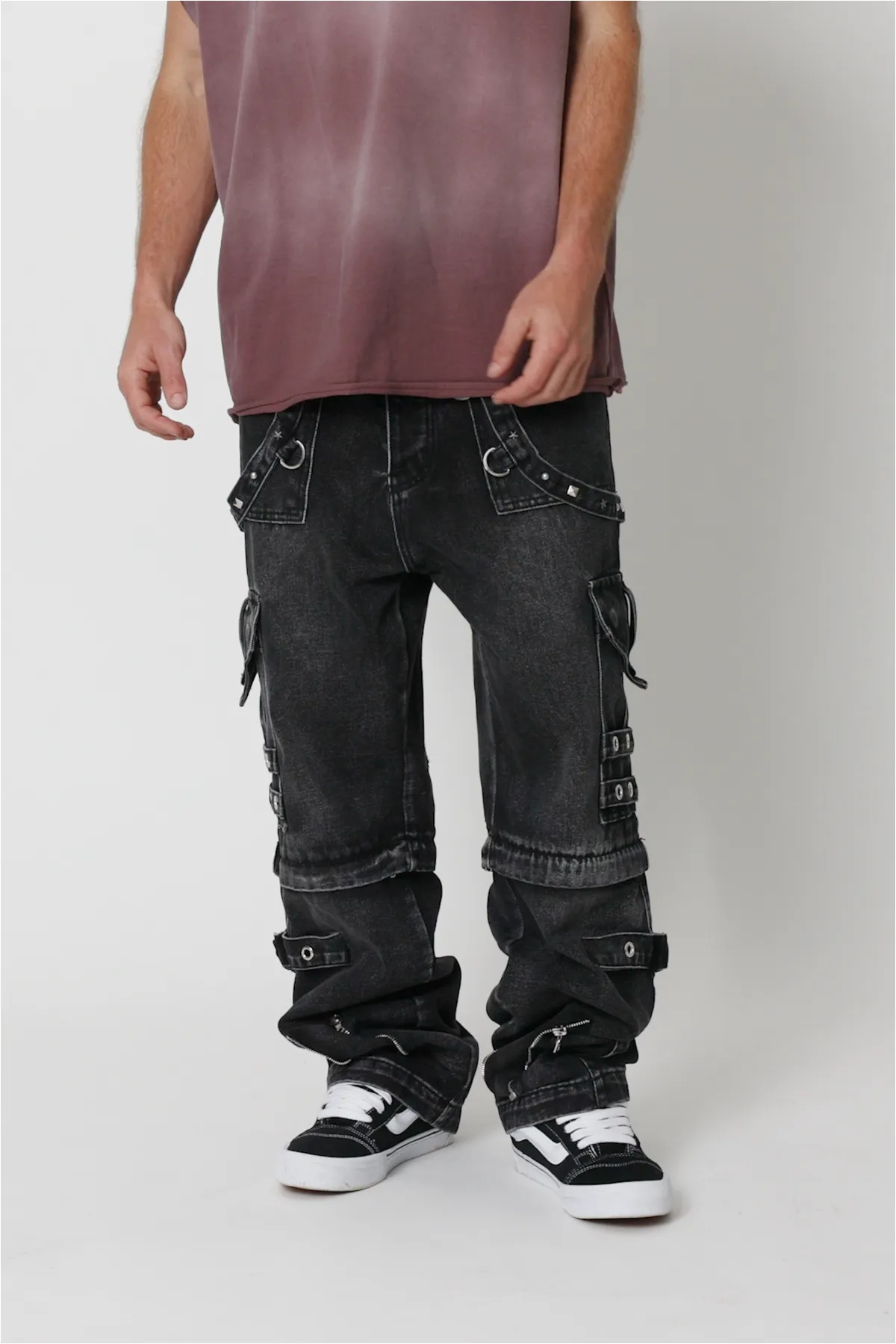 Ultra Baggy Studded Cargo Denim - Washed Black | Parallel