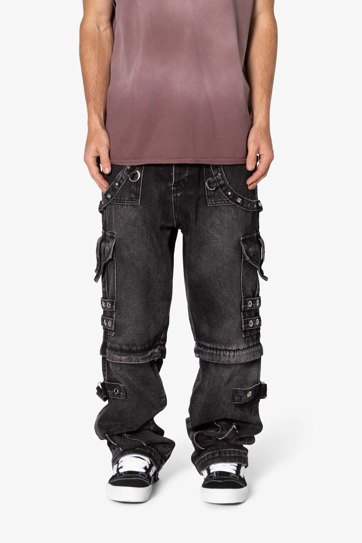 Ultra Baggy Studded Cargo Denim Washed Black Parallel