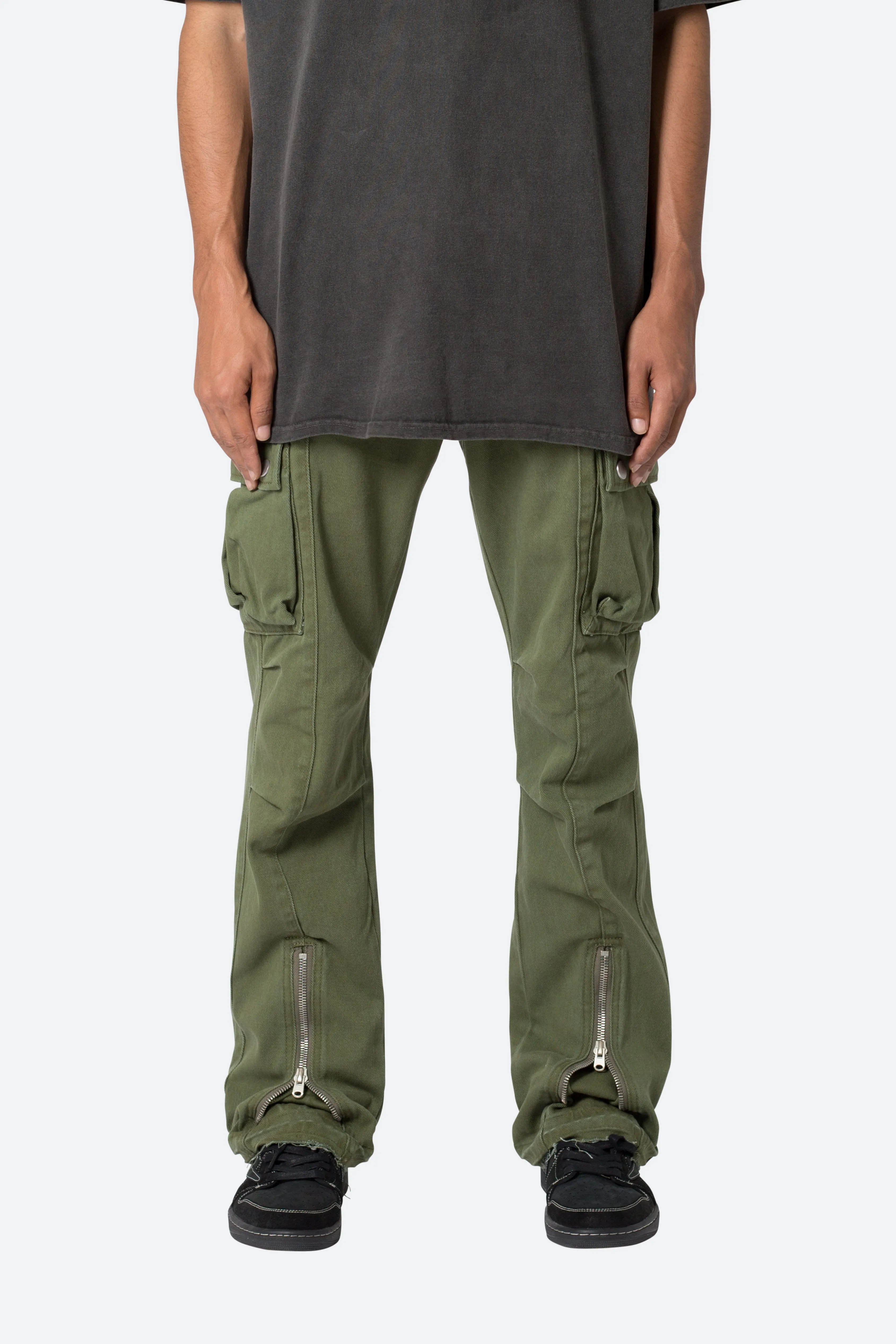Front Zip Flare Cargo Pants - Olive sold by MNML