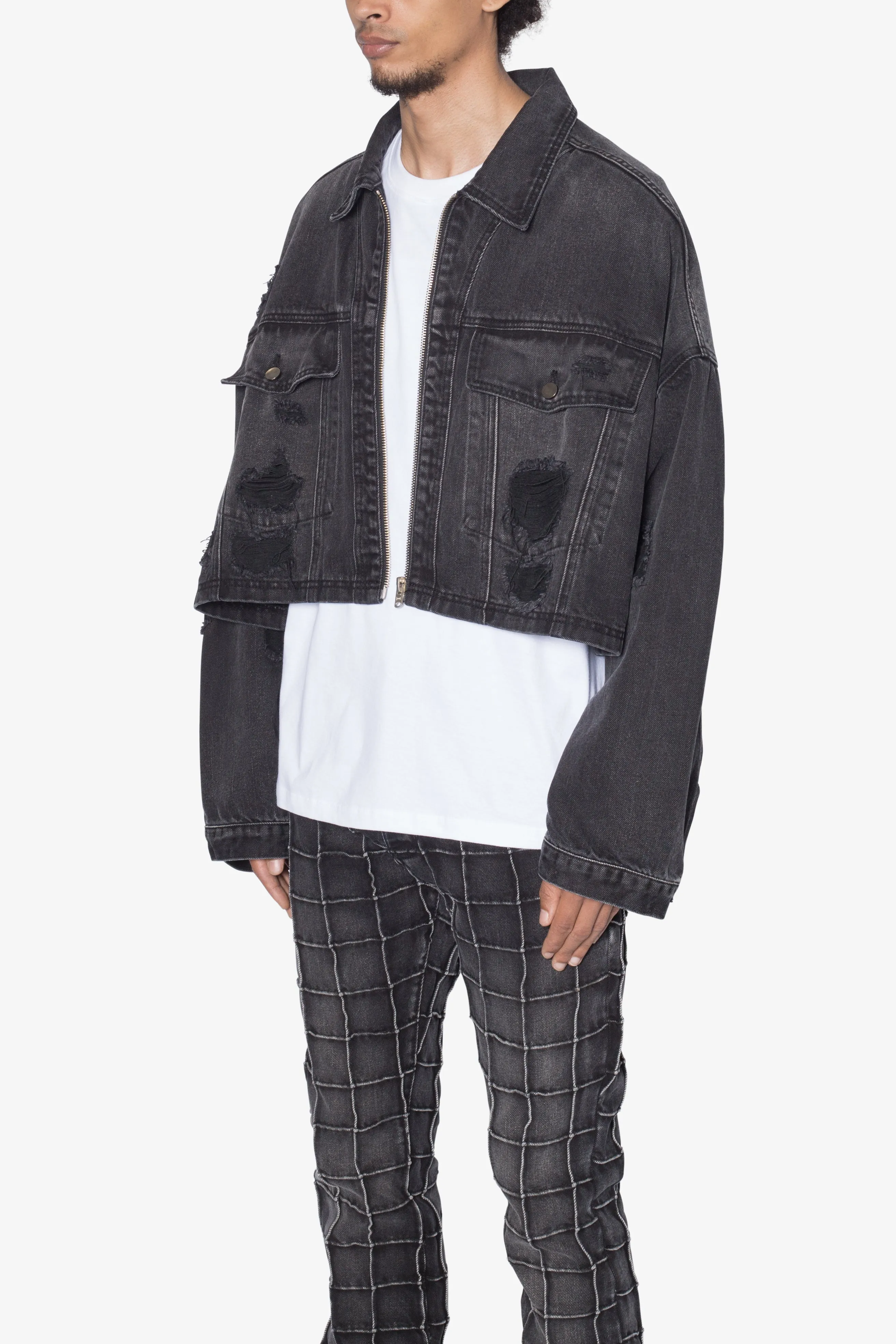 Oversized Cropped Ripped Denim Jacket - Washed Black sold by MNML product image thumbnail 3