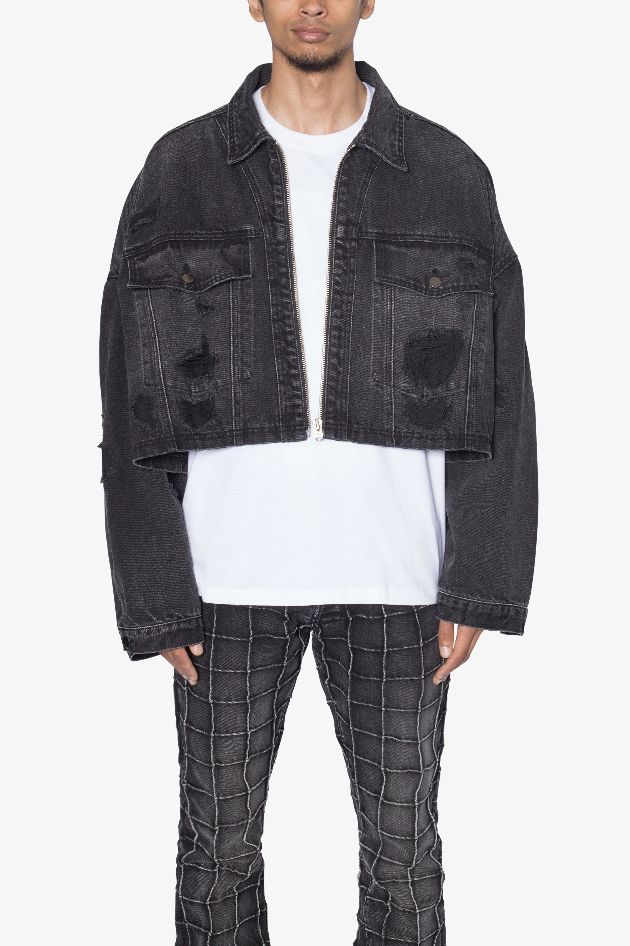 Oversized Cropped Ripped Denim Jacket - Washed Black sold by MNML