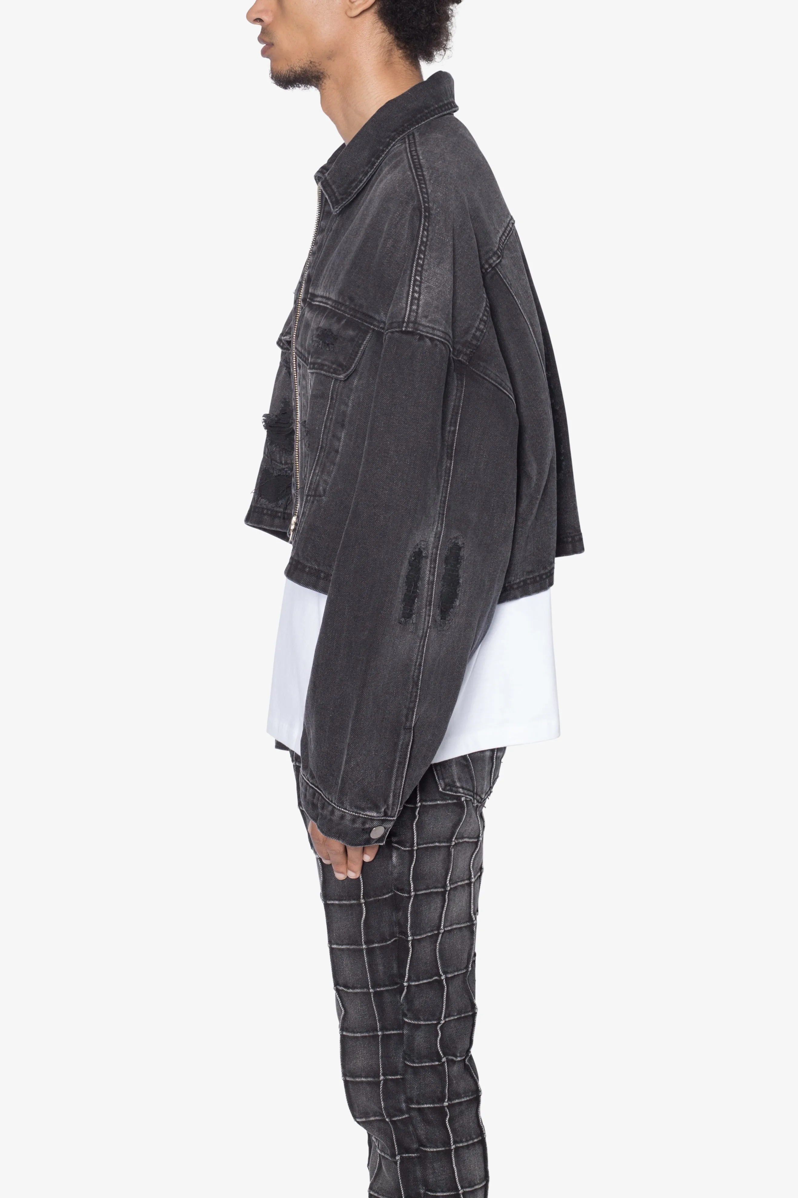 Oversized Cropped Ripped Denim Jacket - Washed Black sold by MNML product image thumbnail 4