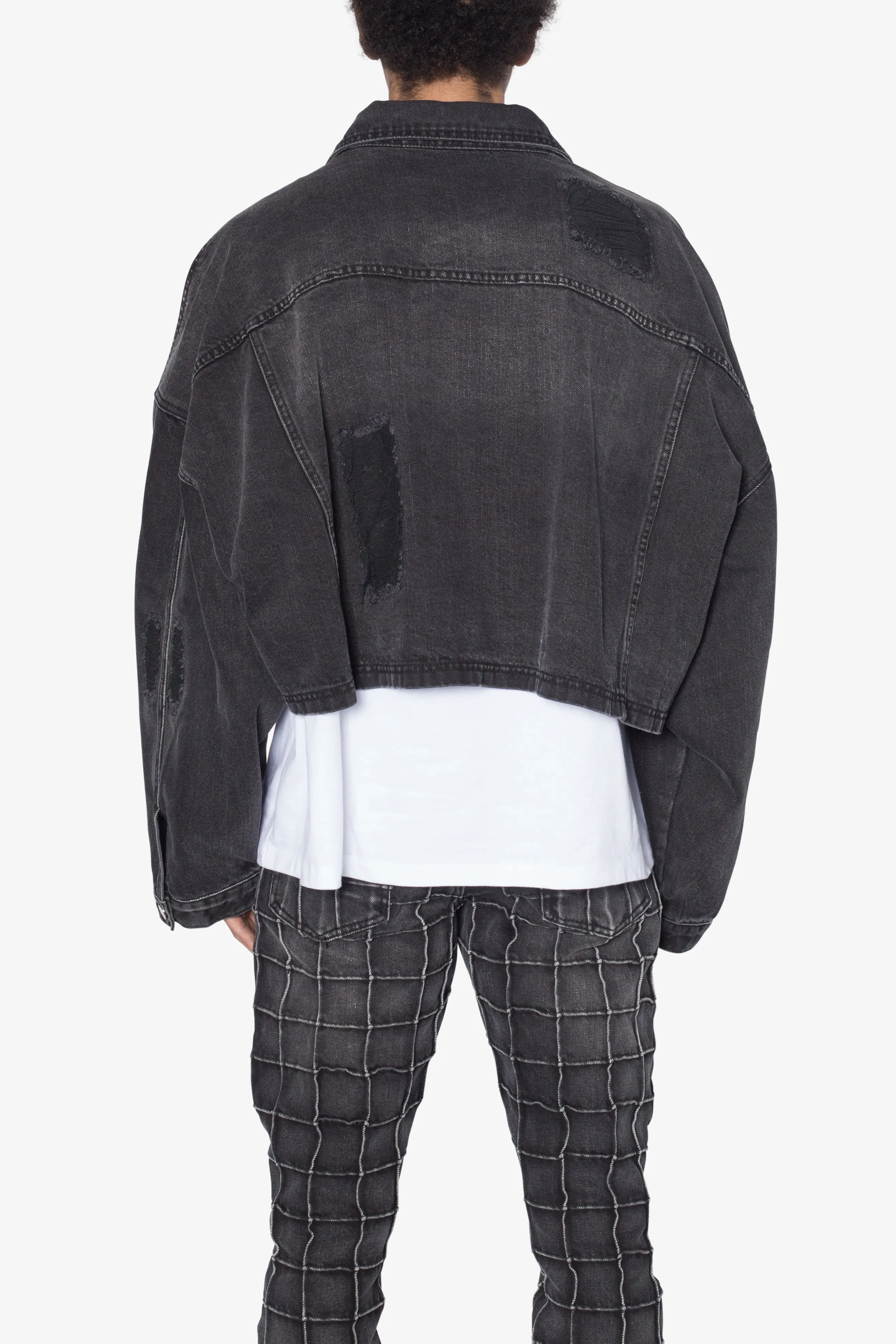 Oversized Cropped Ripped Denim Jacket - Washed Black sold by MNML product image thumbnail 5
