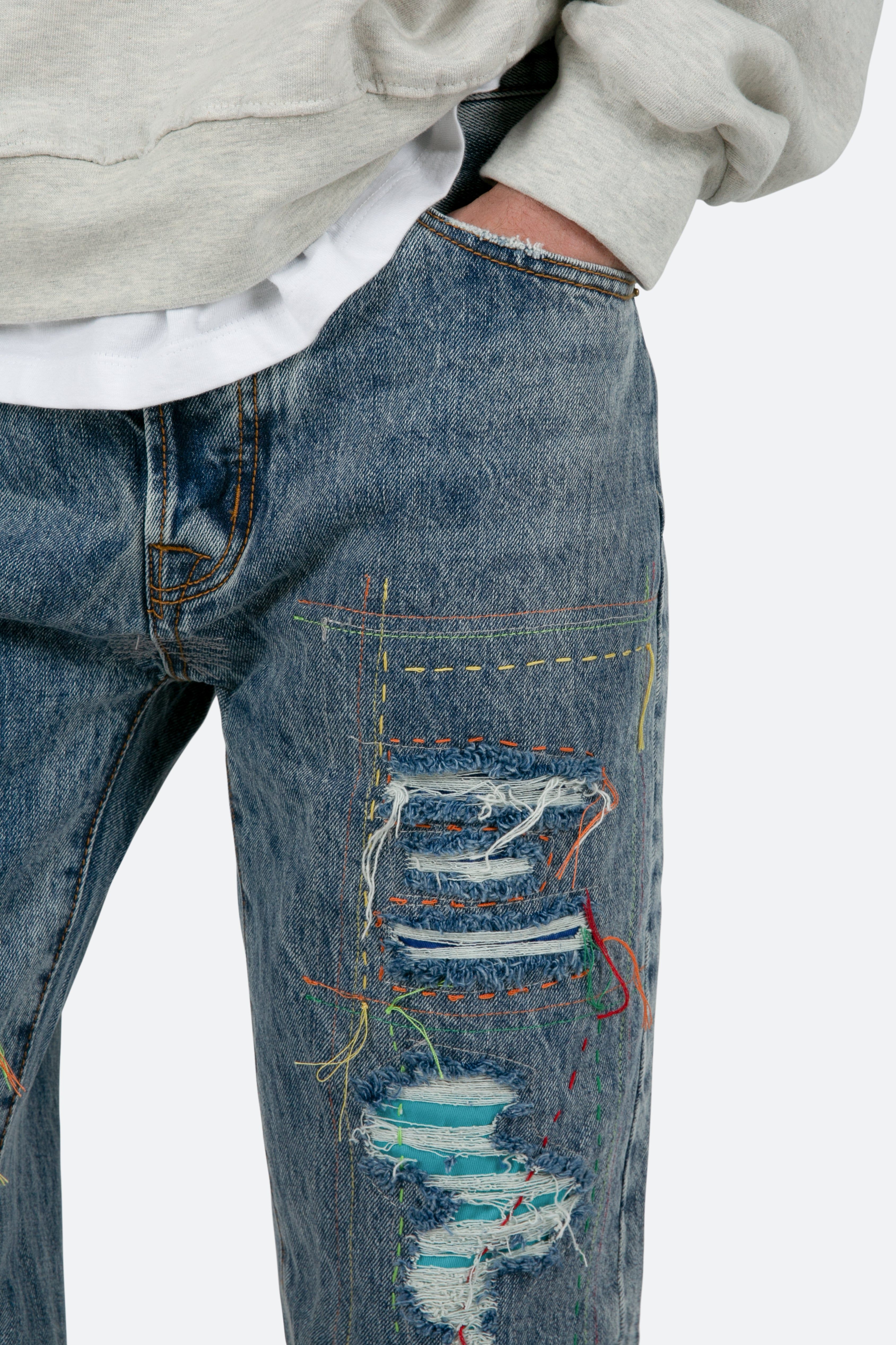 V483 Repaired Baggy Denim - Blue sold by MNML product image thumbnail 7