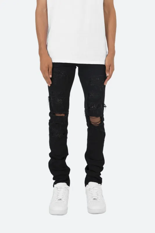 X201 Rhinestone Skinny Denim - Black sold by MNML