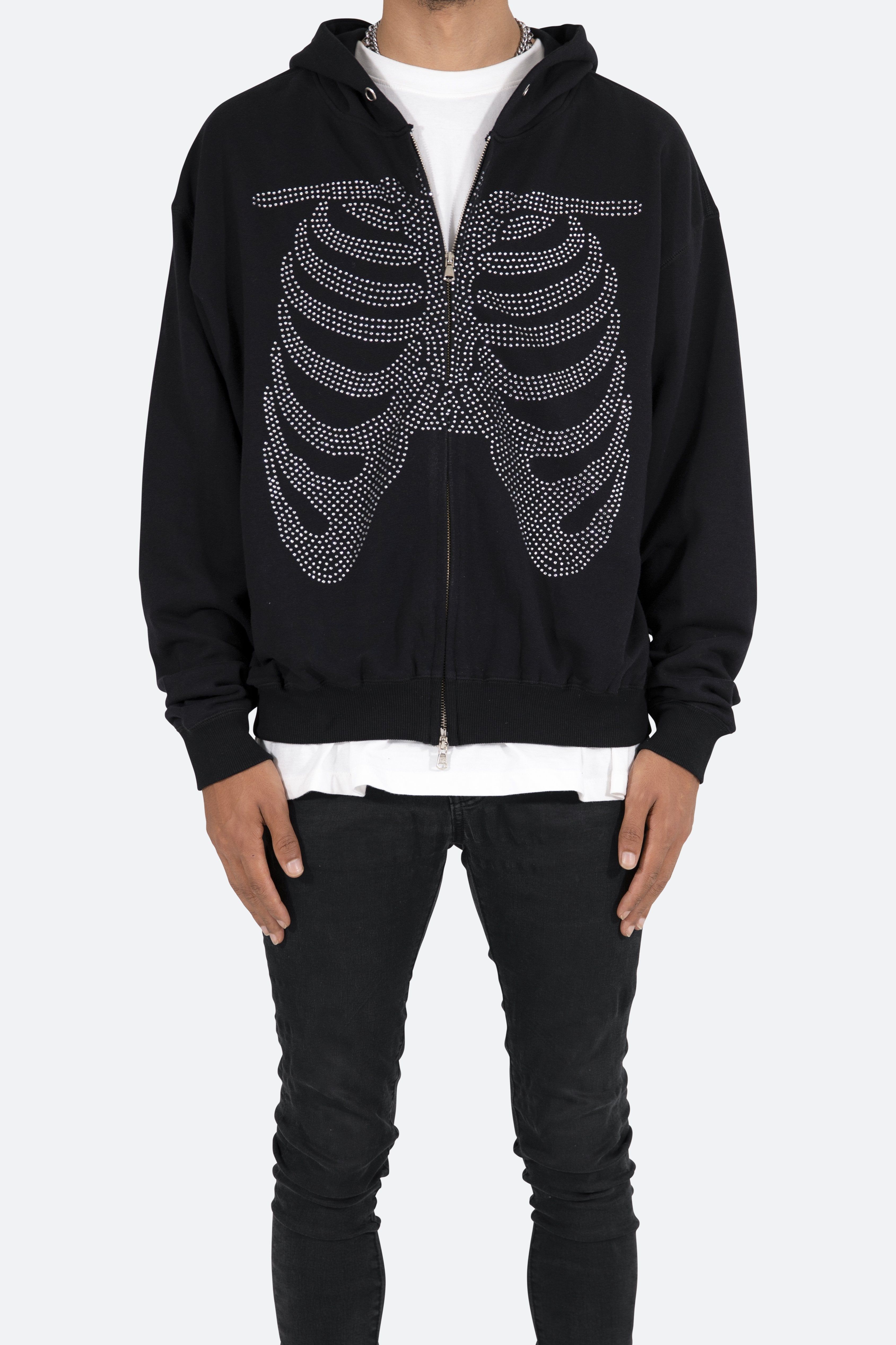 Rhinestone Skeleton Zip Up Hoodie - Black sold by MNML
