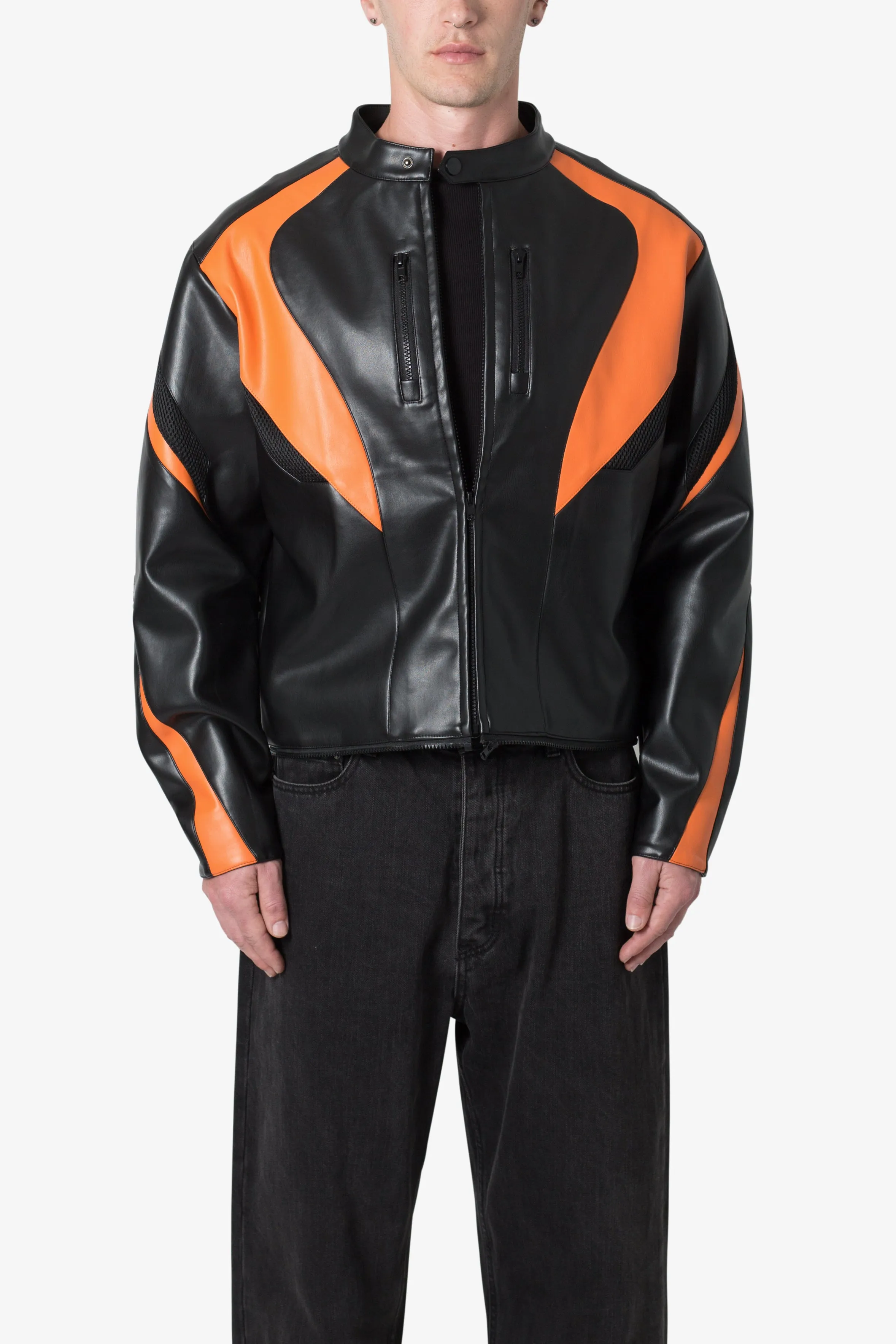 Cropped Leather Race Jacket - Black/Orange sold by MNML product image thumbnail 3
