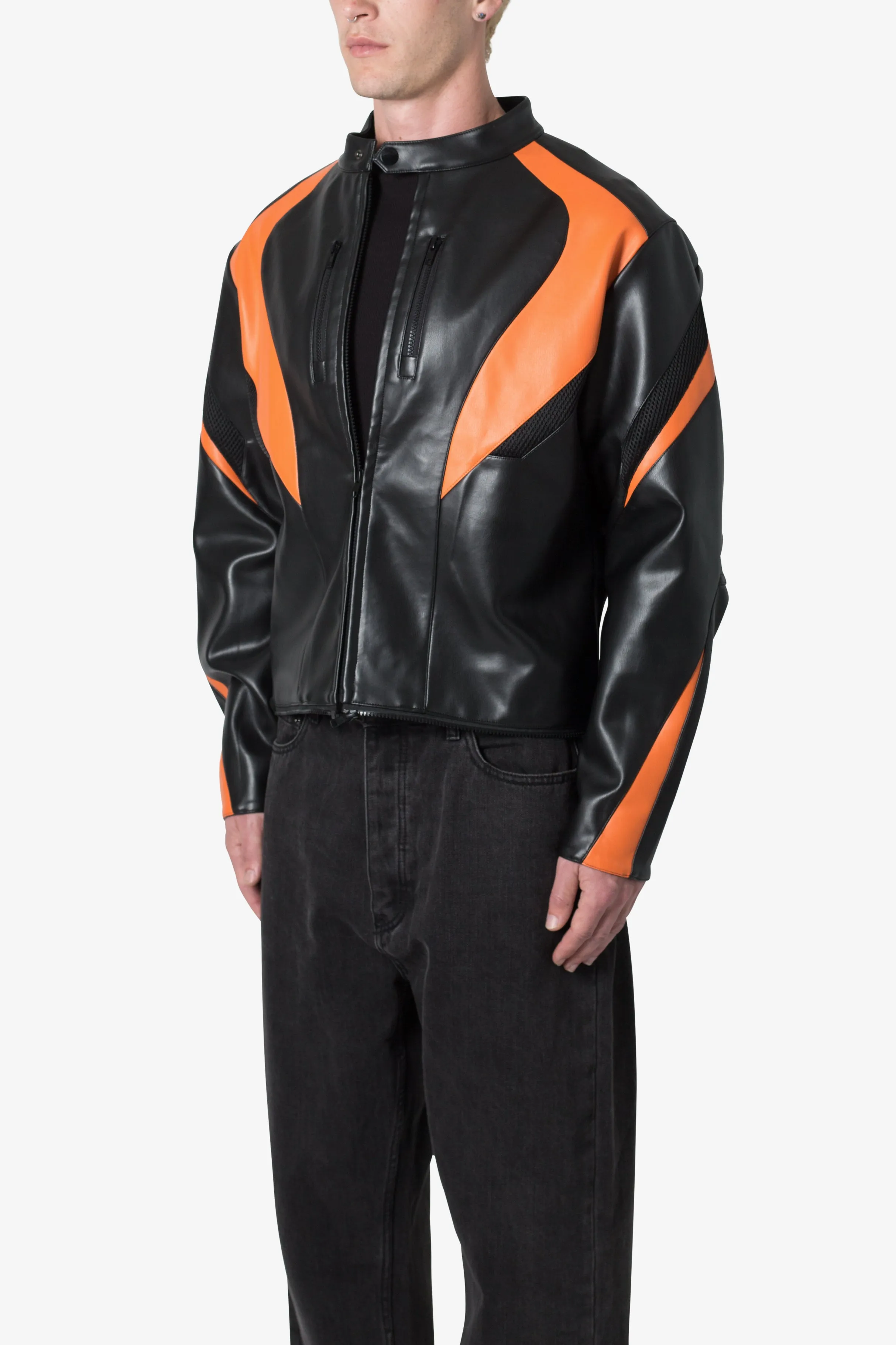 Cropped Leather Race Jacket - Black/Orange sold by MNML product image thumbnail 4