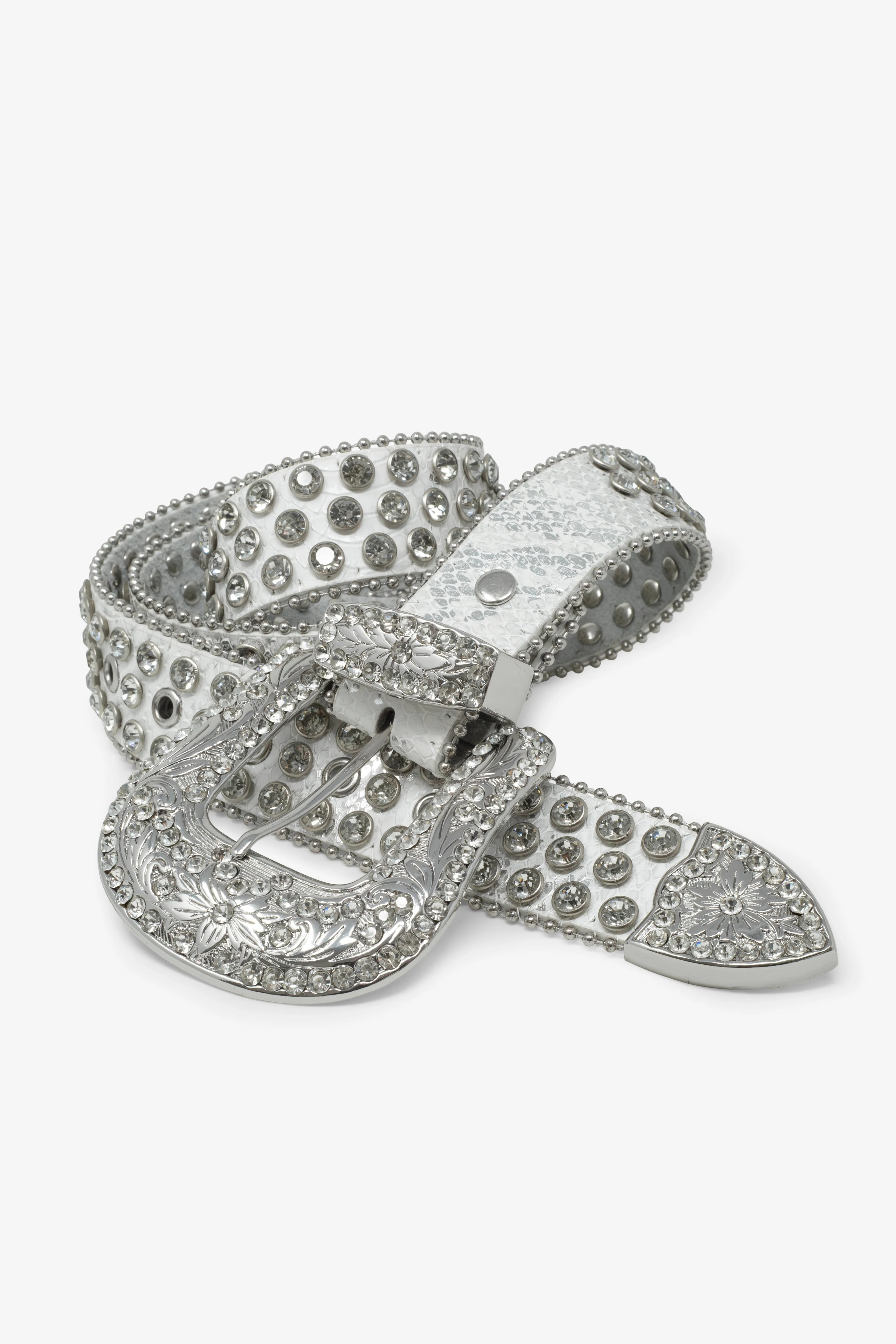 Allover Rhinestone Studded Belt - White sold by MNML