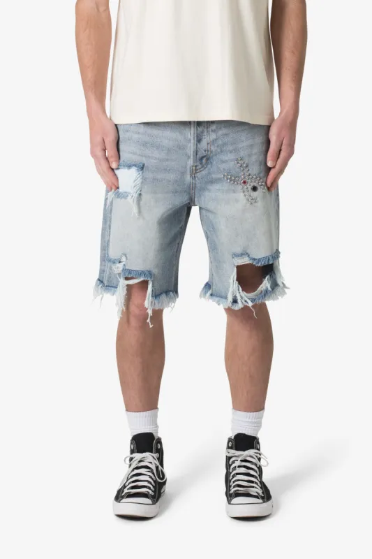 Distressed Spider Denim Shorts - Light Blue sold by MNML