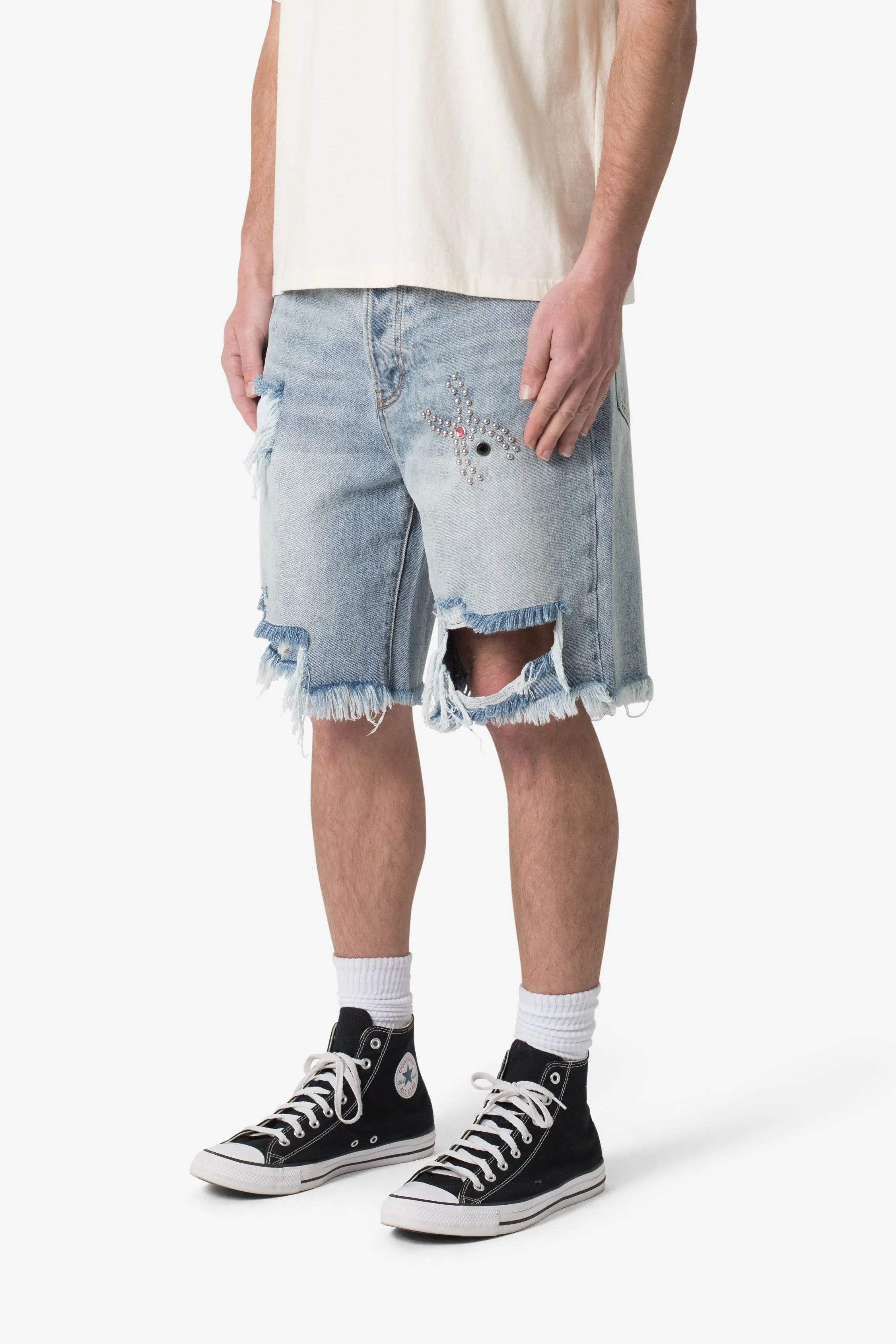 Distressed Spider Denim Shorts - Light Blue sold by MNML product image thumbnail 3