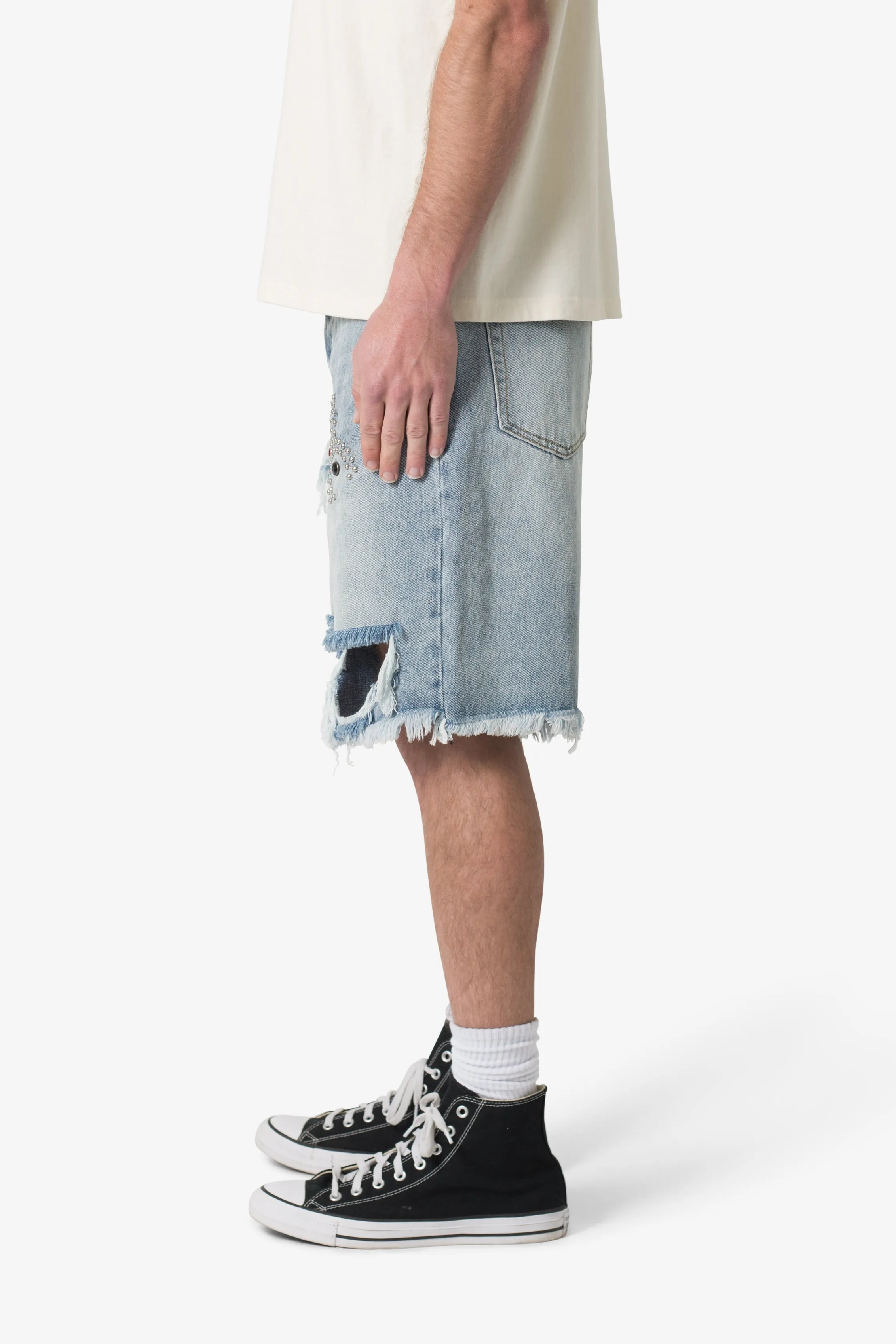 Distressed Spider Denim Shorts - Light Blue sold by MNML product image thumbnail 4