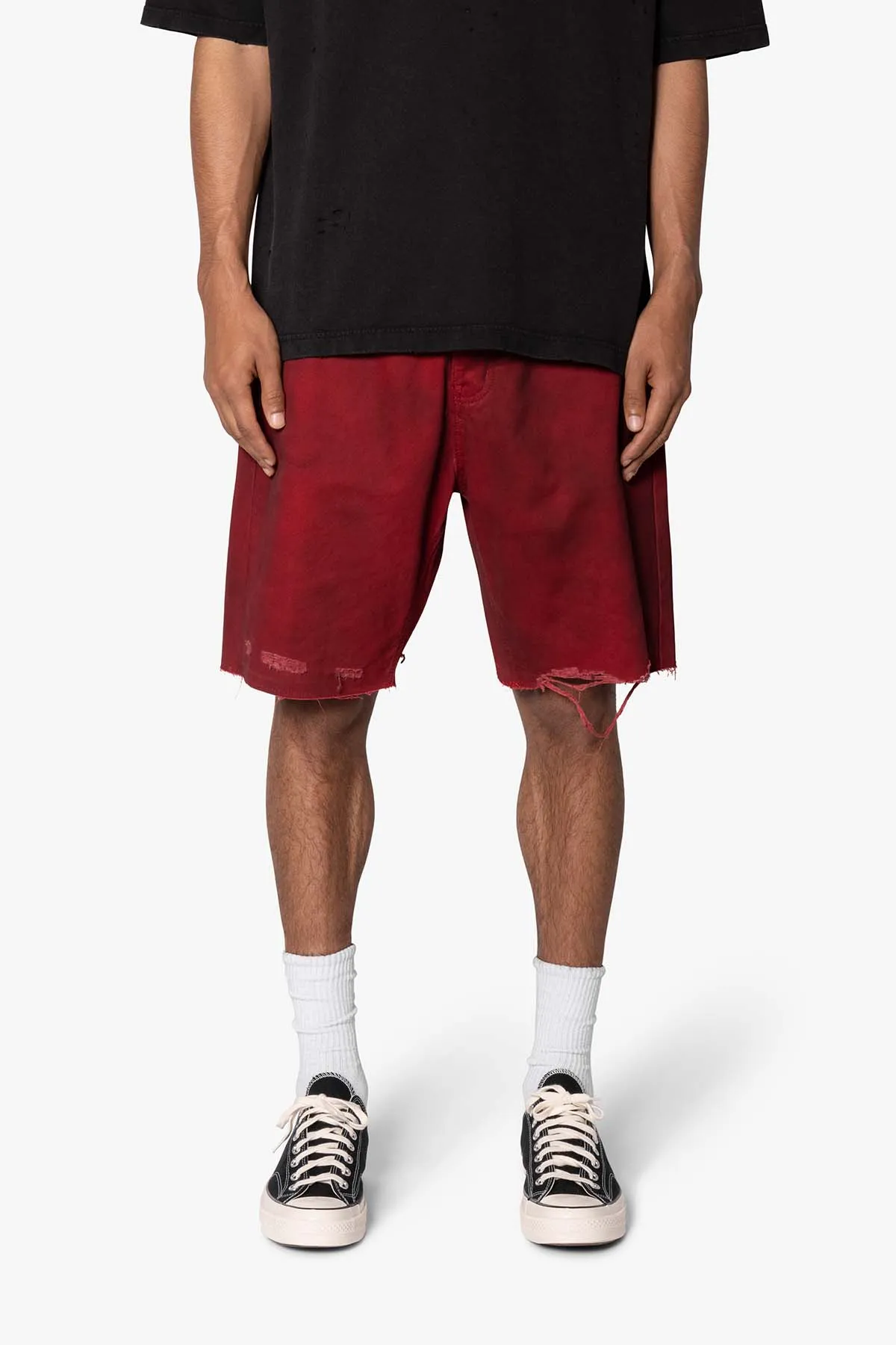 Burnt Distressed Red Denim Shorts - Red sold by MNML