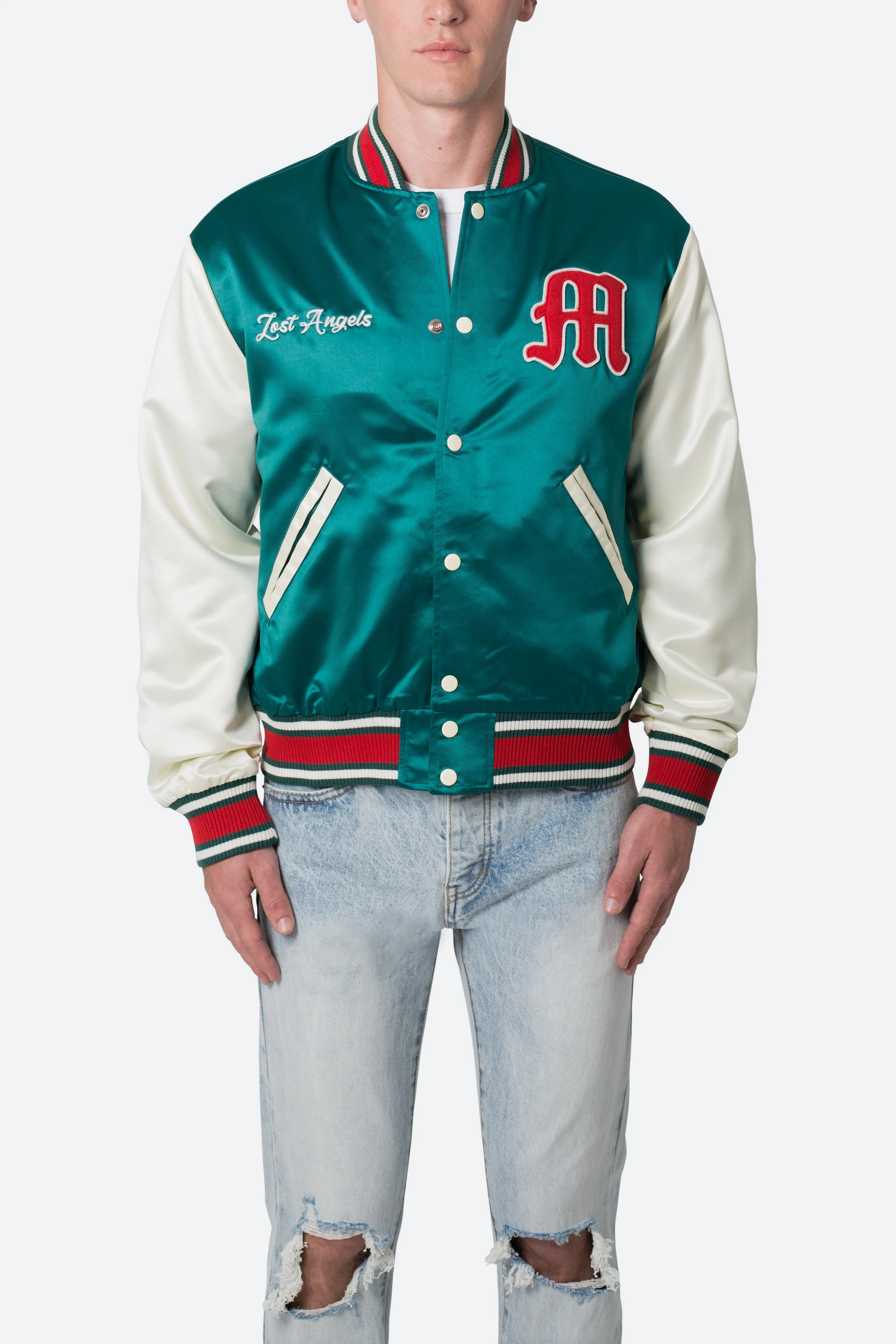 Satin Varsity Jacket - Green/White sold by MNML