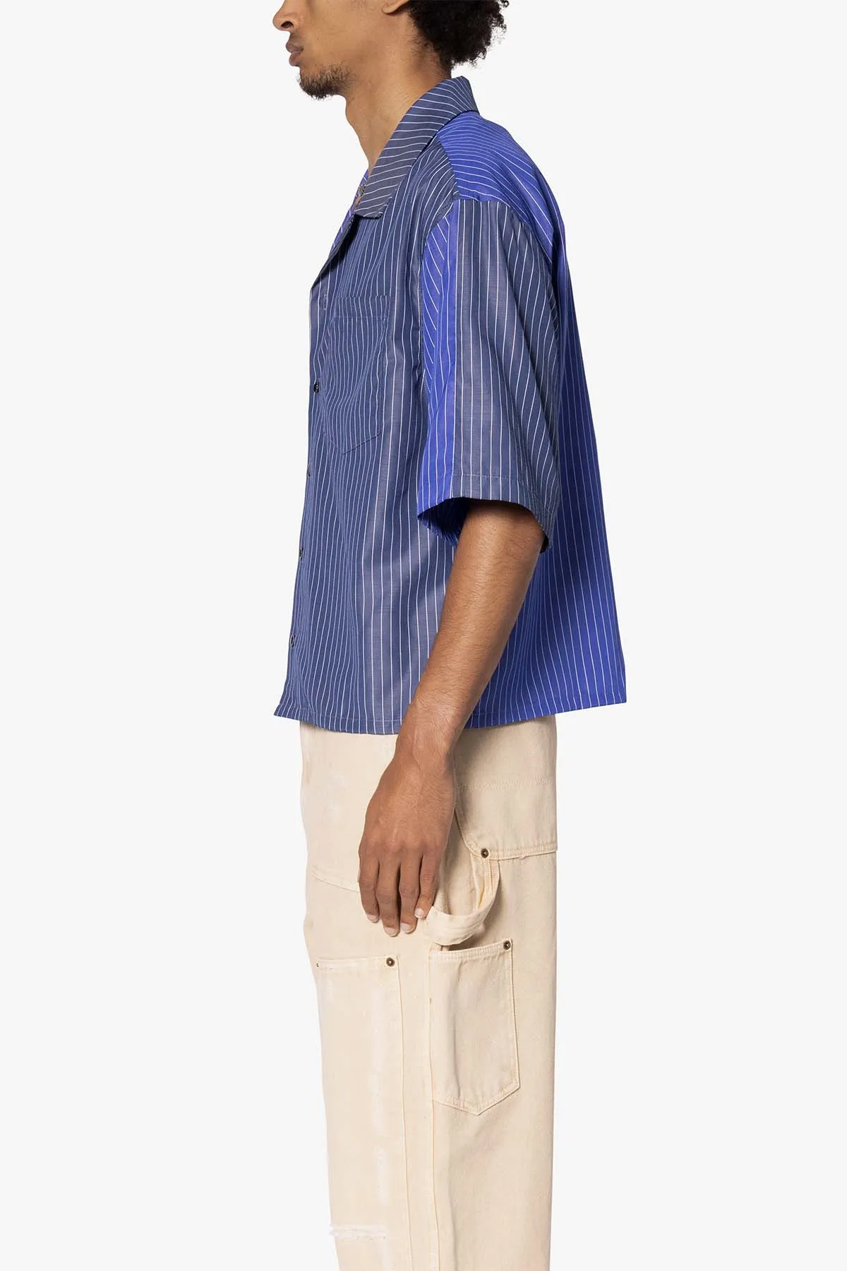 Cropped Panel Stripe Short Sleeve Shirt - Blue sold by MNML product image thumbnail 4