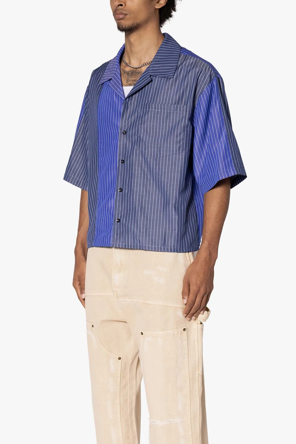 Cropped Panel Stripe Short Sleeve Shirt - Blue sold by MNML product image thumbnail 3