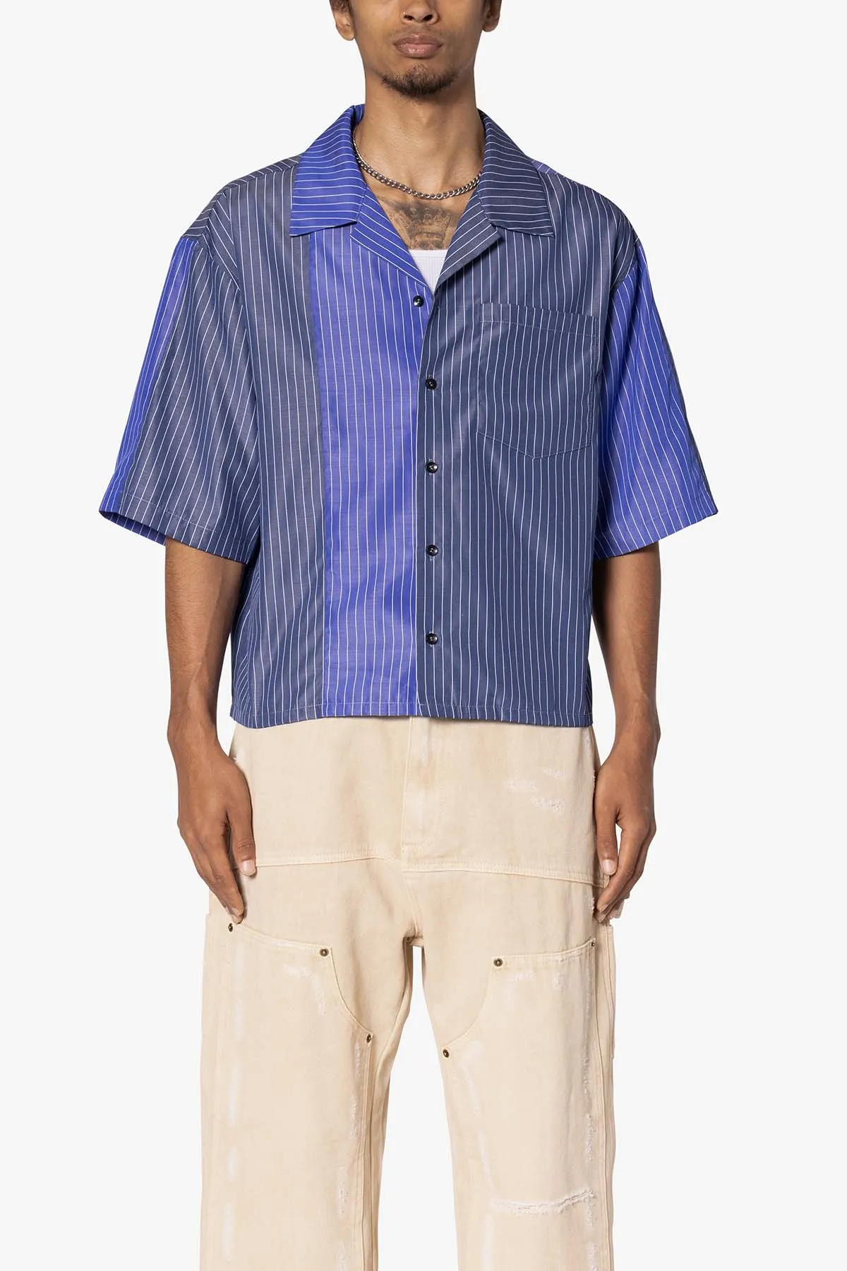 Cropped Panel Stripe Short Sleeve Shirt - Blue sold by MNML product image thumbnail 2