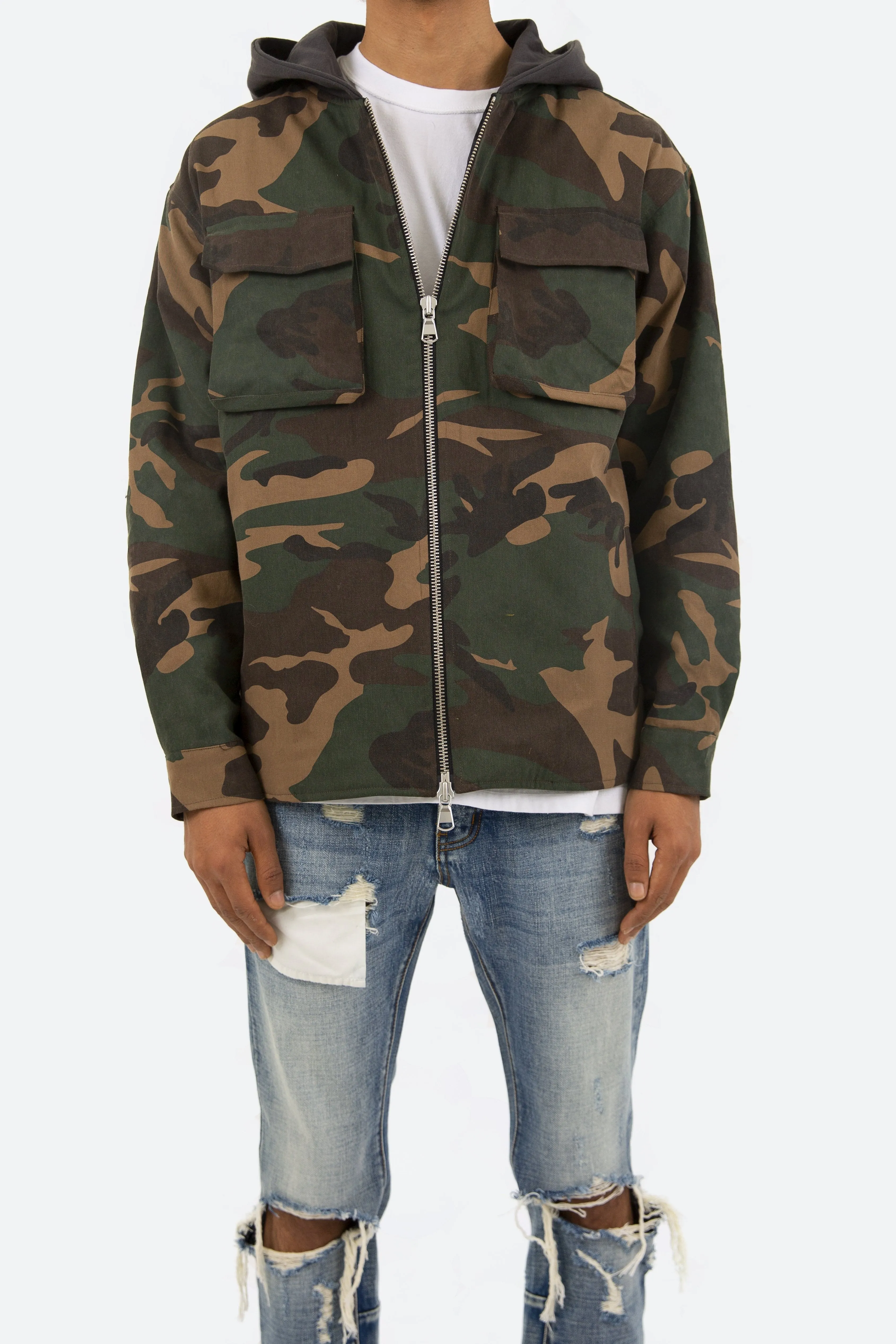 Camo Hooded Zip Up - Woodland Camo sold by MNML