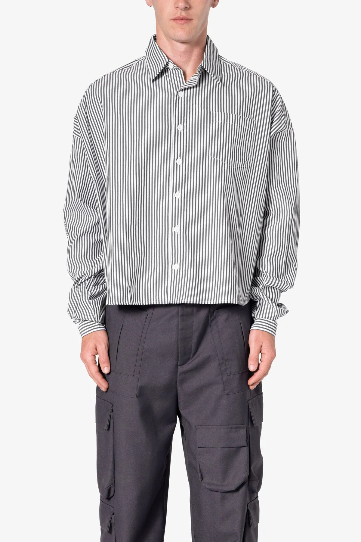 Striped Cropped Button Down Shirt - Black sold by MNML